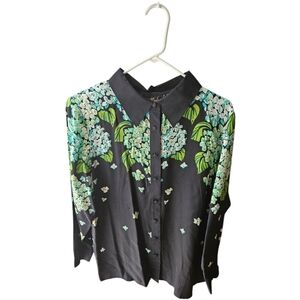 Bob Mackie Wearable Art 100% Silk Black Beaded Floral Blouse Size Large Vintage